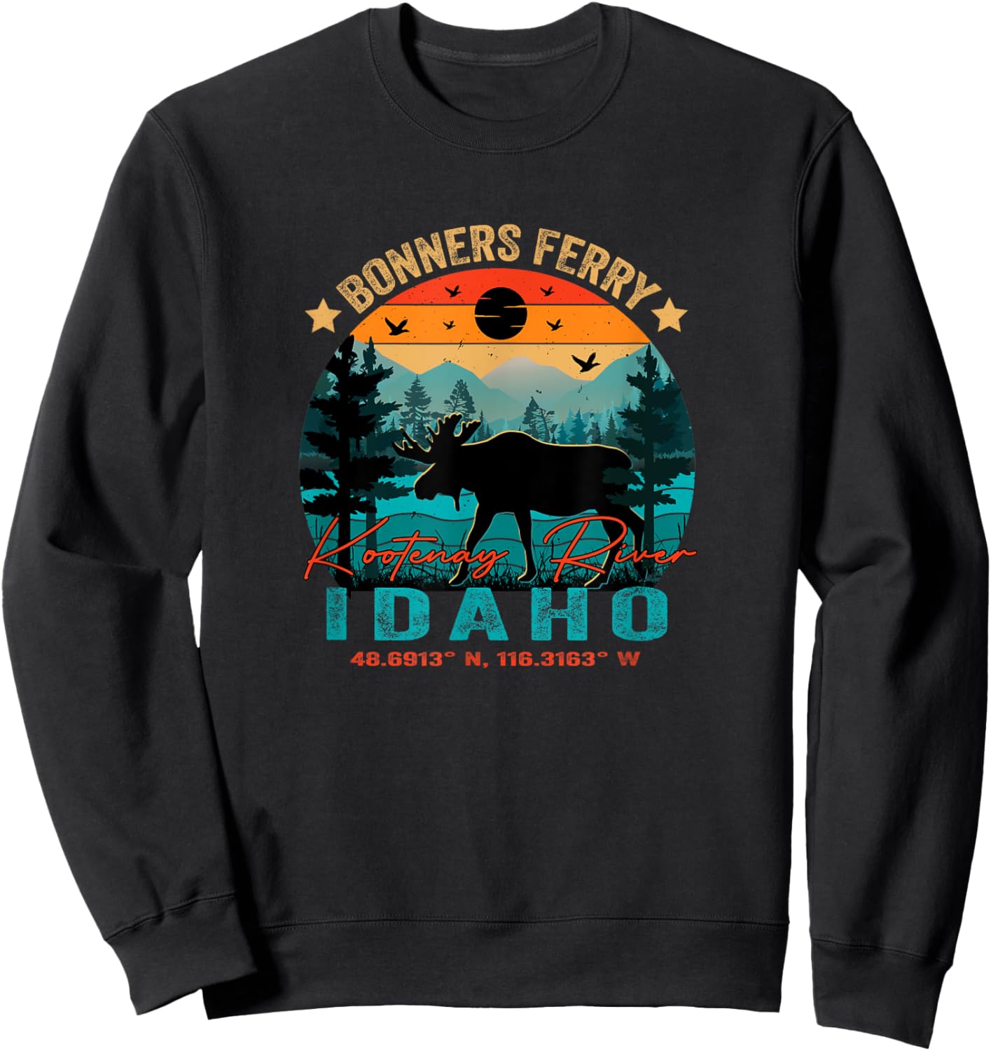 Bonners Ferry Idaho ID Retro Sunset Vintage Moose Mountains Sweatshirt - Sweatshirt | Black
