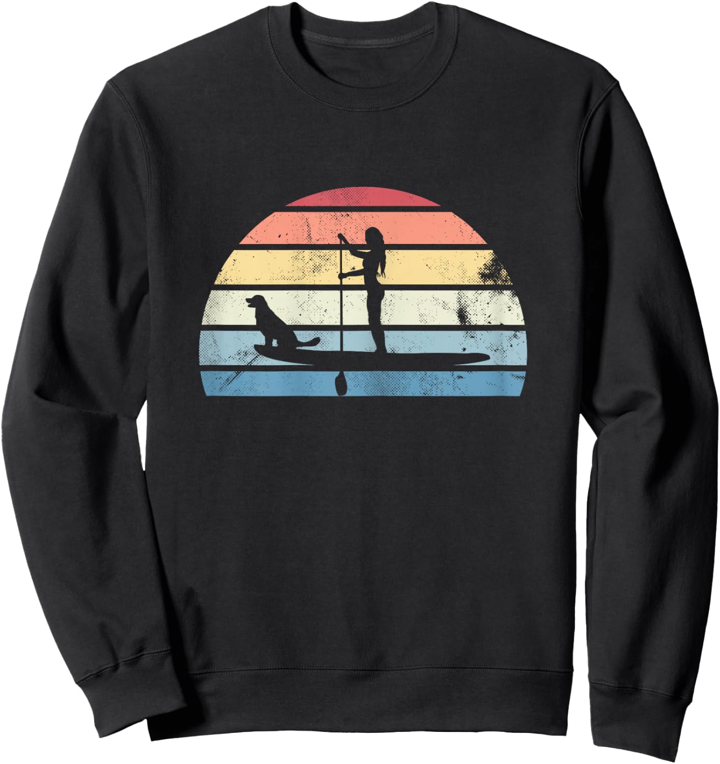 Retro Paddleboarding Girl with Dog Sunset Gift Sweatshirt - Sweatshirt | Black