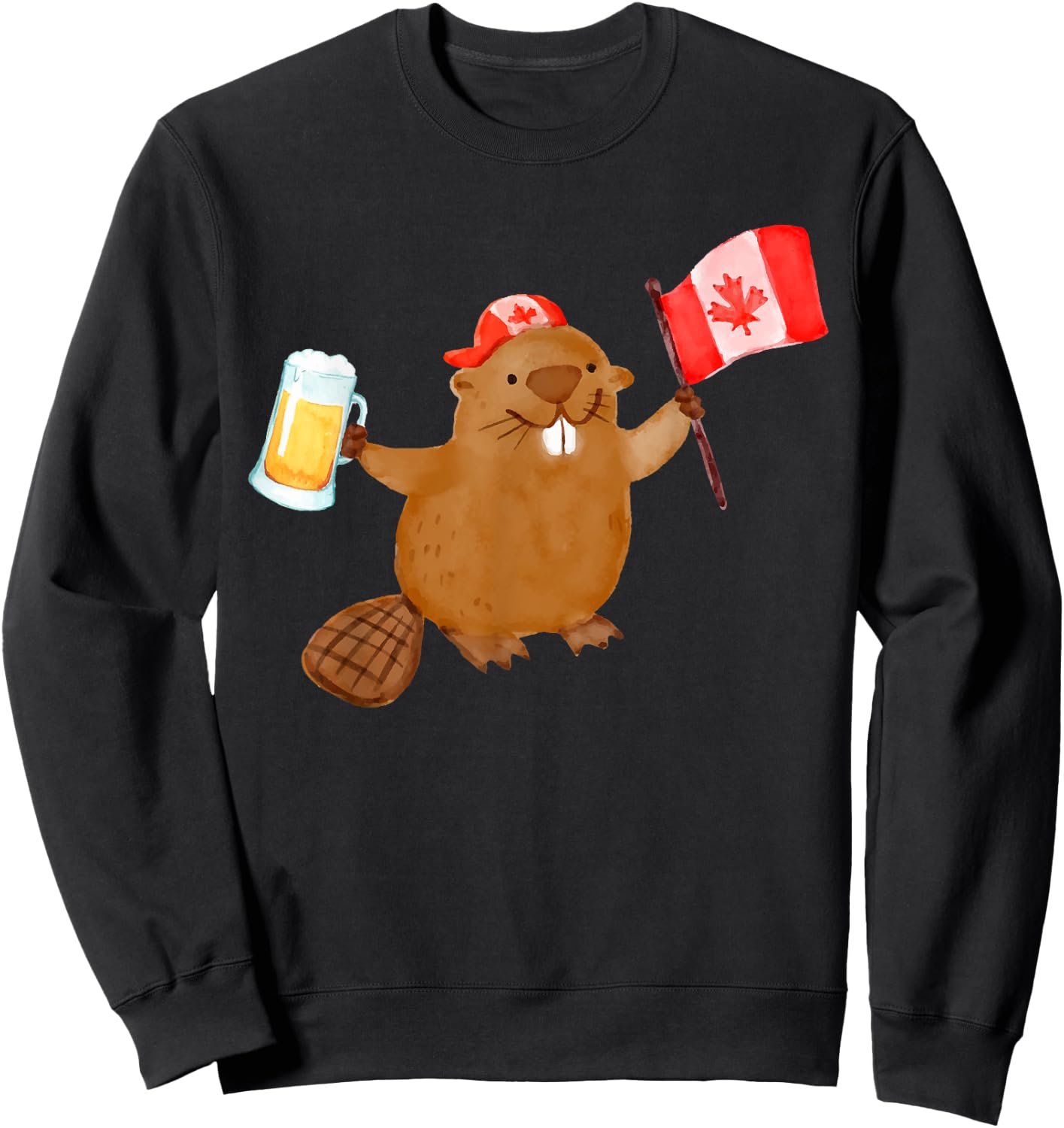 Beaver Holding Canada Flag Beer Sweatshirt - Sweatshirt | Black