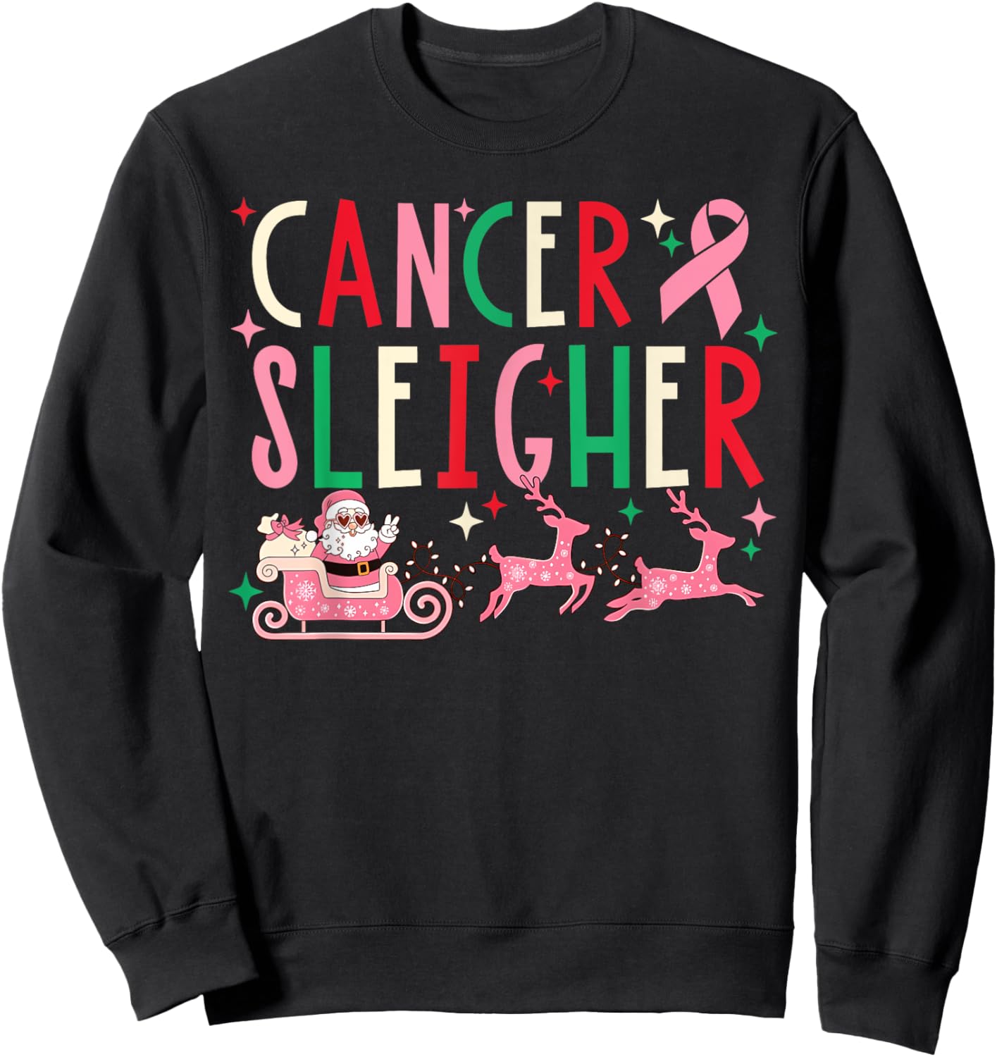 Breast Cancer Christmas Pink Ribbon Santa Sleigh Reindeer Sweatshirt - Sweatshirt | Black