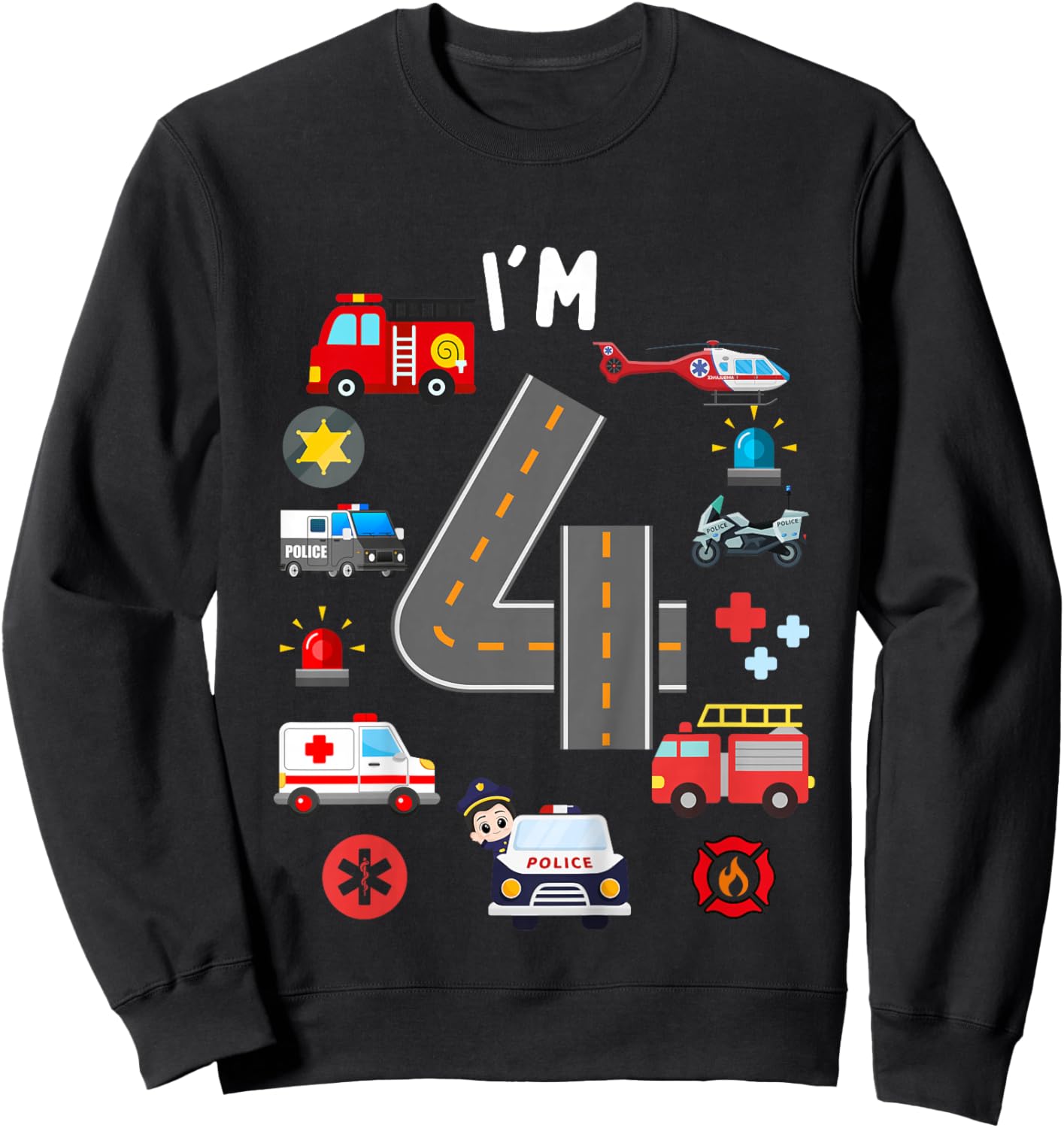 Kids 4th Birthday Emergency Vehicles Boys 4Years Old Toddler Kids Sweatshirt - Sweatshirt | Black