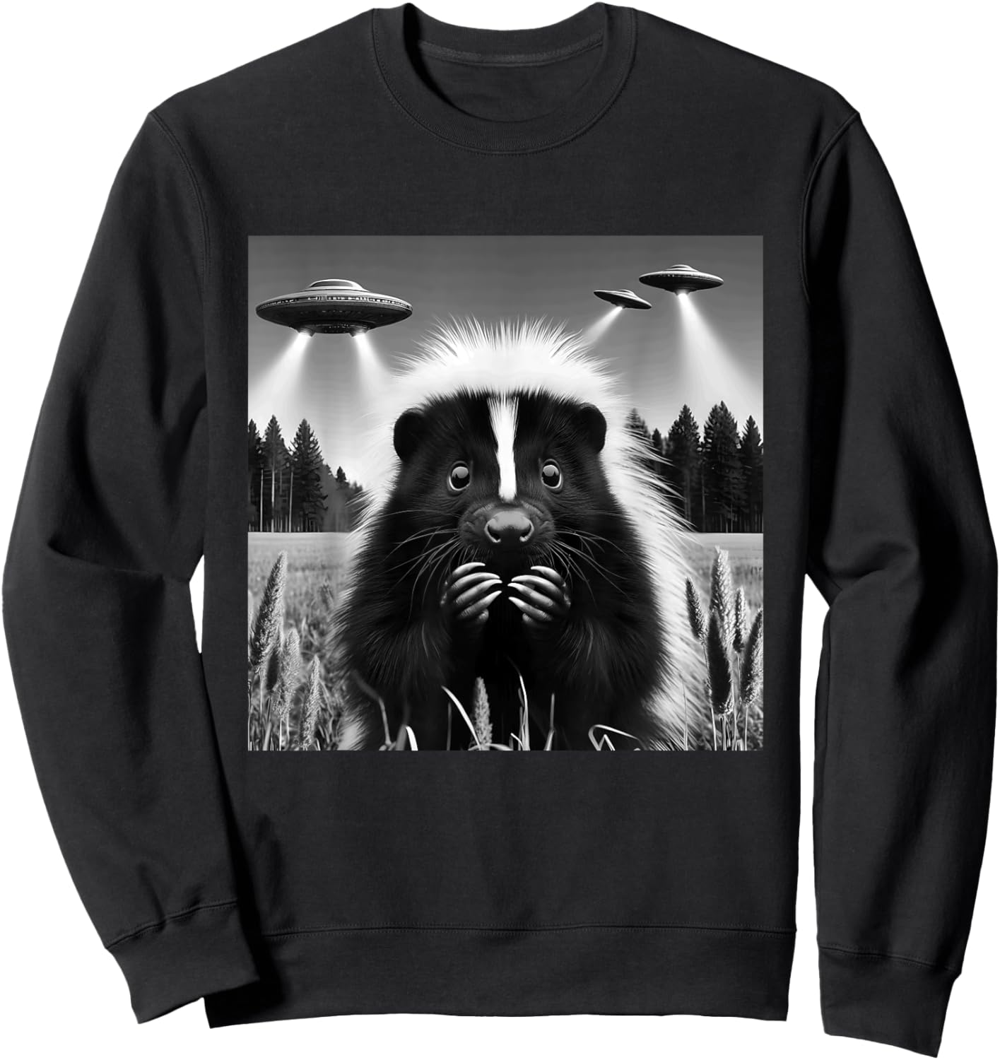 Skunk Funny Graphic Selfie with UFOs Weird Aliens Sweatshirt - Sweatshirt | Black