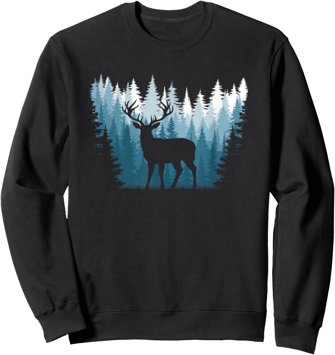 Deer Landscape Pine Tree Forest Nature Graphic Men Women Sweatshirt - Sweatshirt | Black