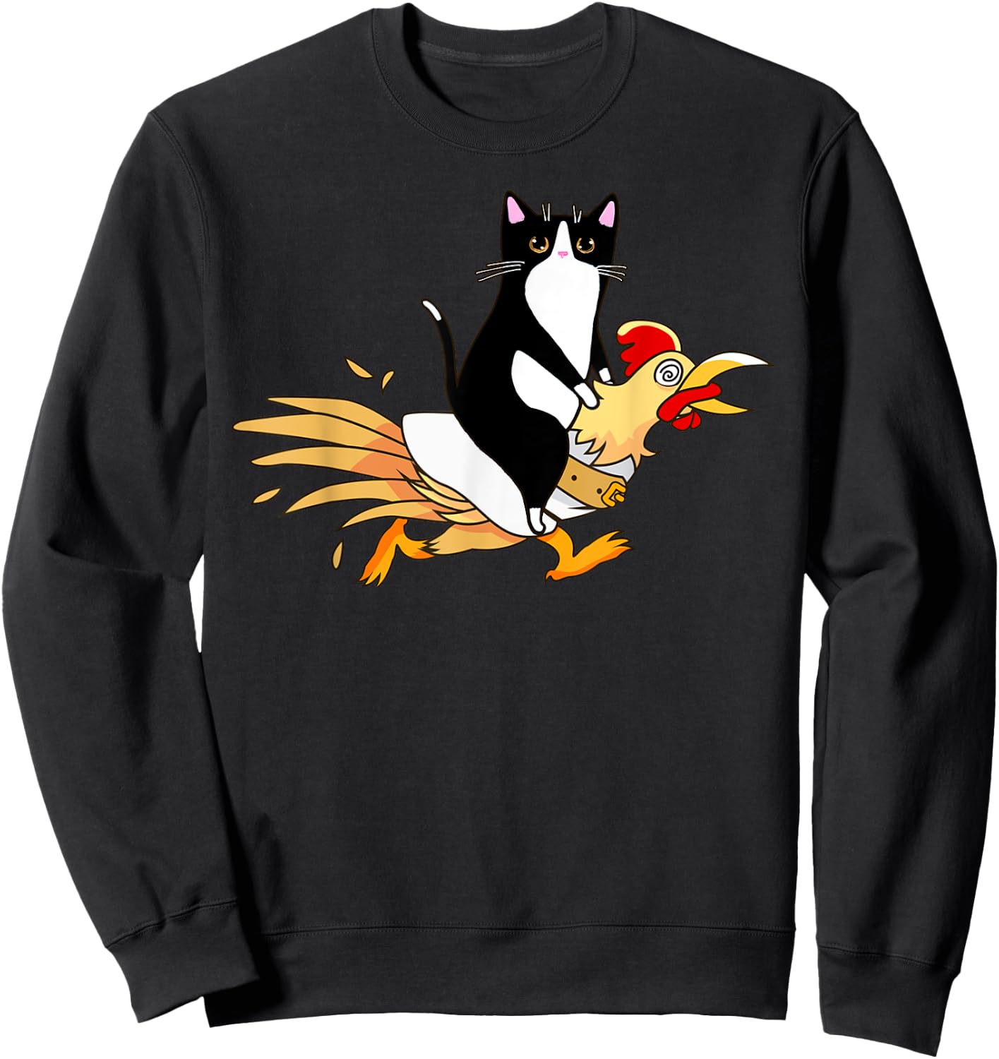Tuxedo Cat Riding a Chicken Women Catfather Sweatshirt - Sweatshirt | Black