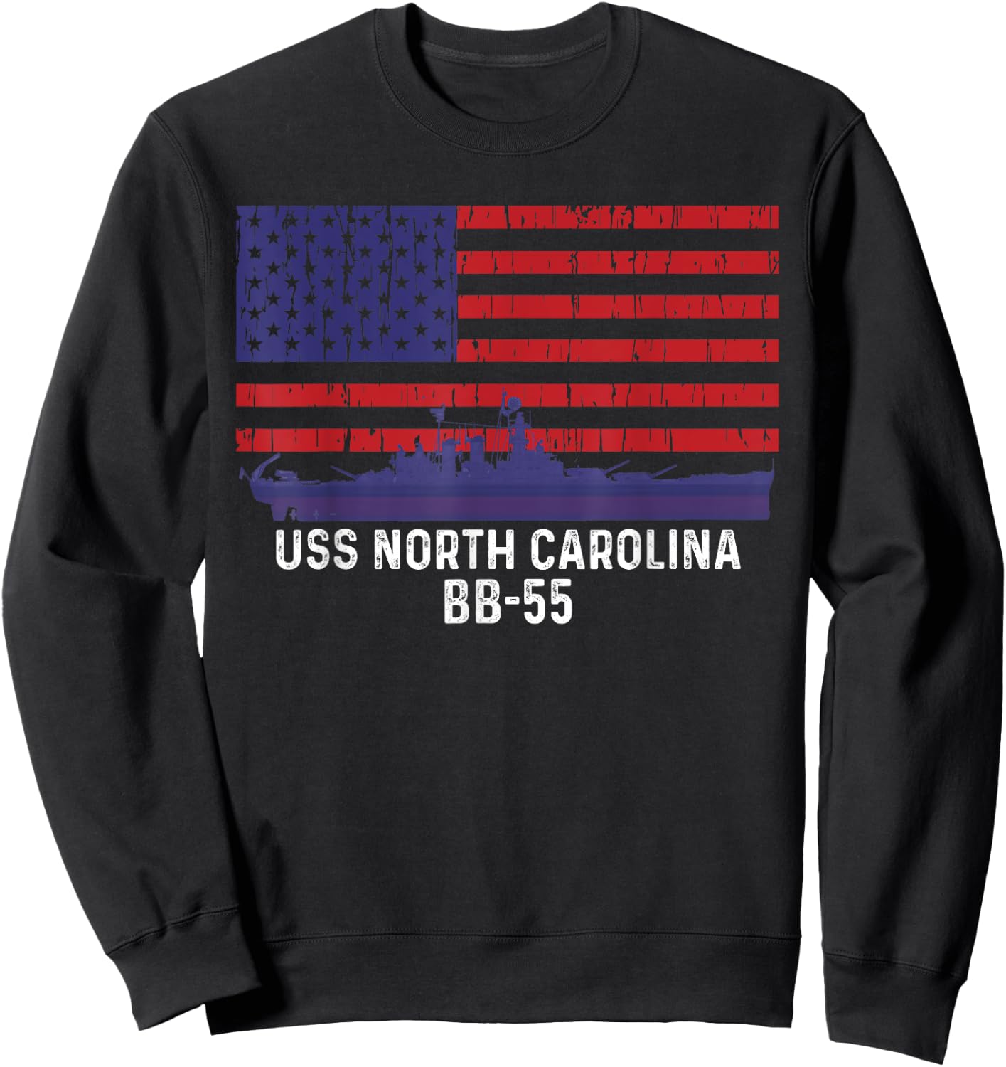 USS North Carolina BB-55 Battleship Vintage American Flag Sweatshirt - Sweatshirt | Black