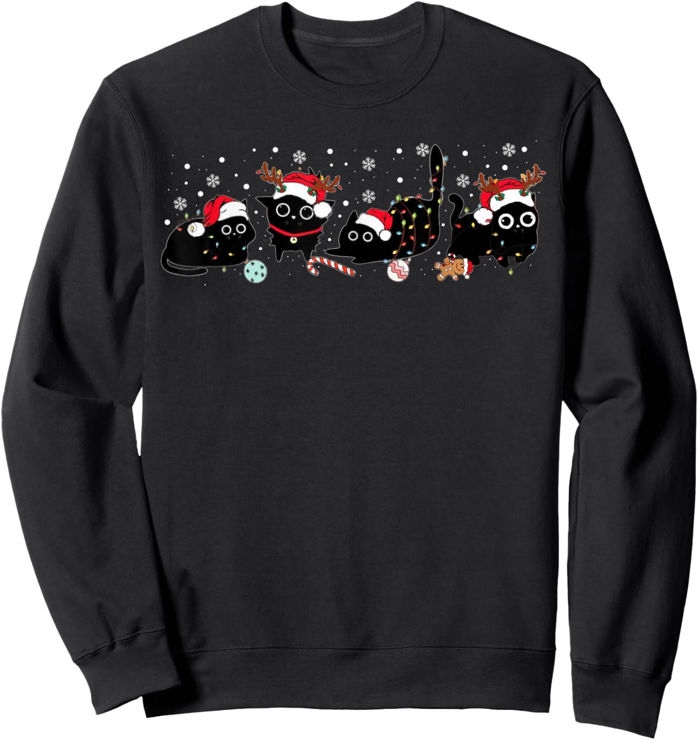 Cute Cats Santa Reindeer Funny Christmas Lights Cat Lover PJ Sweatshirt - Sweatshirt | Black