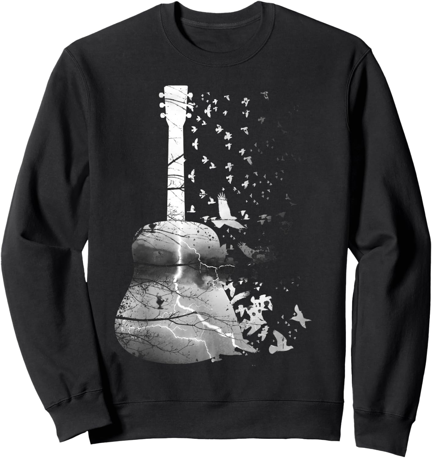 Awesome Nature Guitar Shirt With Tree, Thunder And Birds Sweatshirt - Sweatshirt | Black
