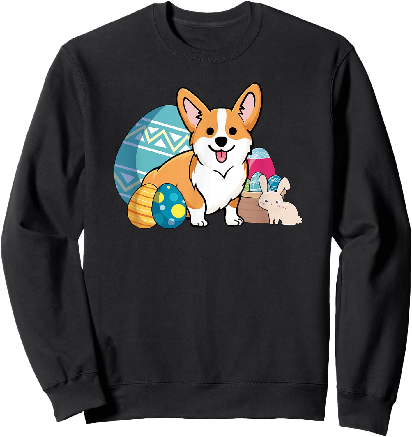 Easter Corgi Dog Cute Cartoon Style Easter Eggs, Basket Women Kids Sweatshirt - Sweatshirt | Black