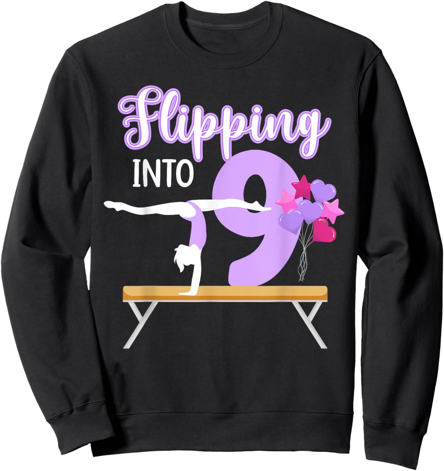 9th Gymnastics Birthday Party Nine Year Old Gymnast Girl Sweatshirt - Sweatshirt | Black