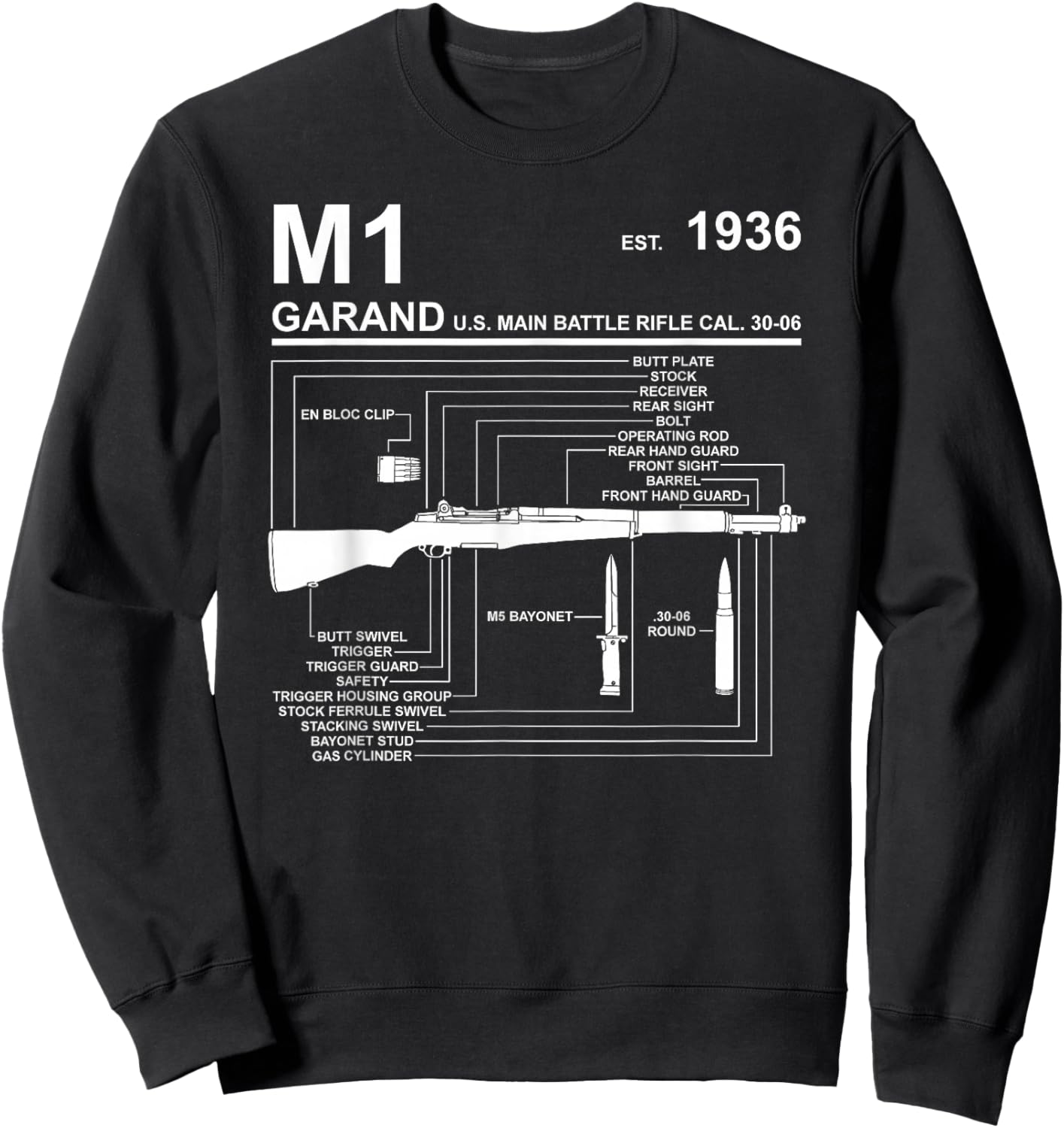 Dinosaurus Rekx M1 Garand Rifle Gun WWII Graphic - Black, , Short Sleeve, Classic Fit, Cotton 65% Polyester 35%, Small Sweatshirt - Sweatshirt | Black