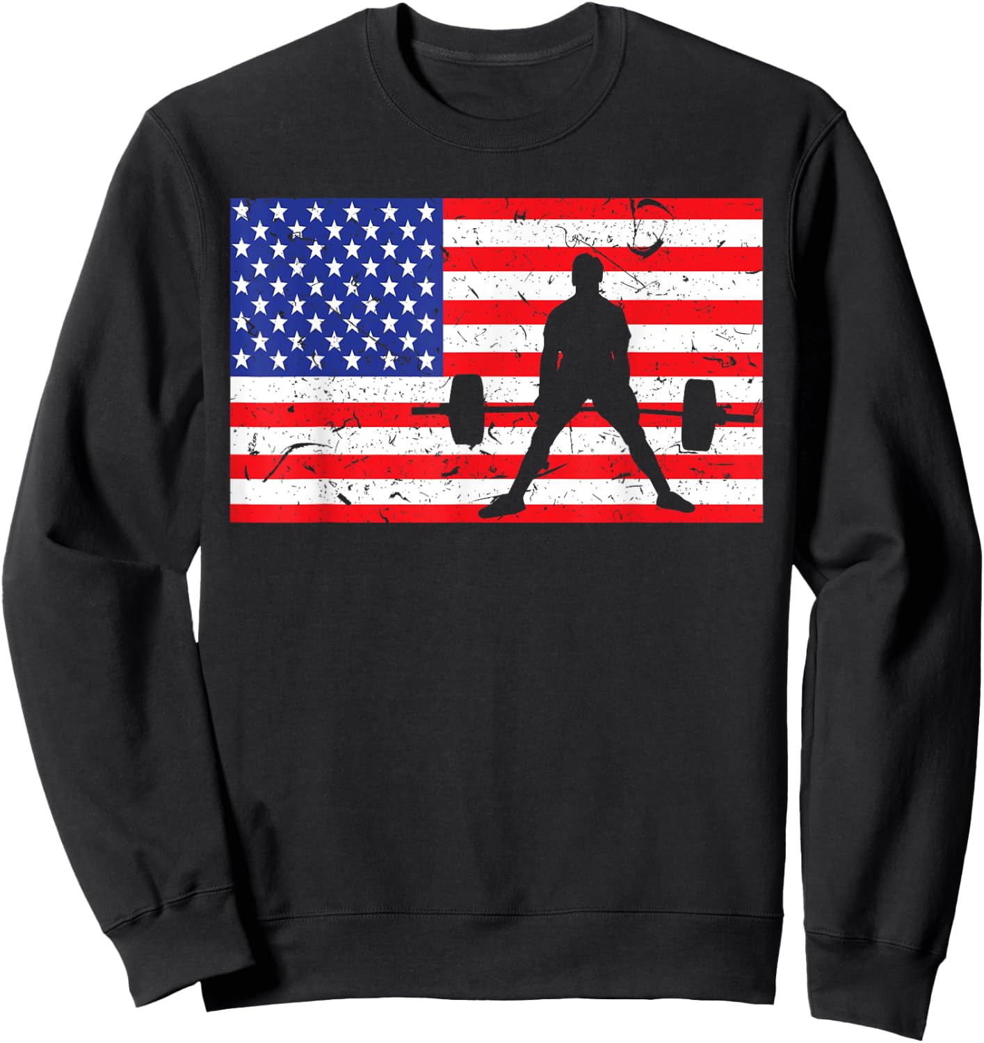Distressed Powerlifting USA American Flag Vintage Weightlift Sweatshirt - Sweatshirt | Black