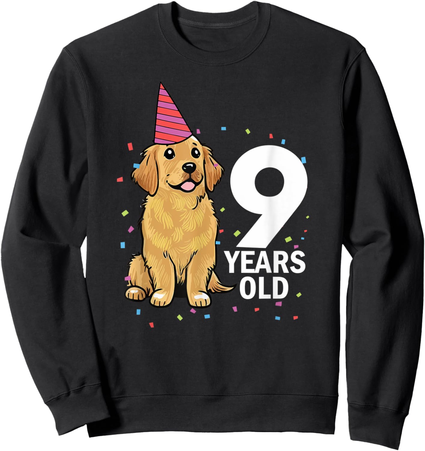 Cute 9 Years Old Birthday Golden Retriever Dog 9th Party Kid Sweatshirt - Sweatshirt | Black