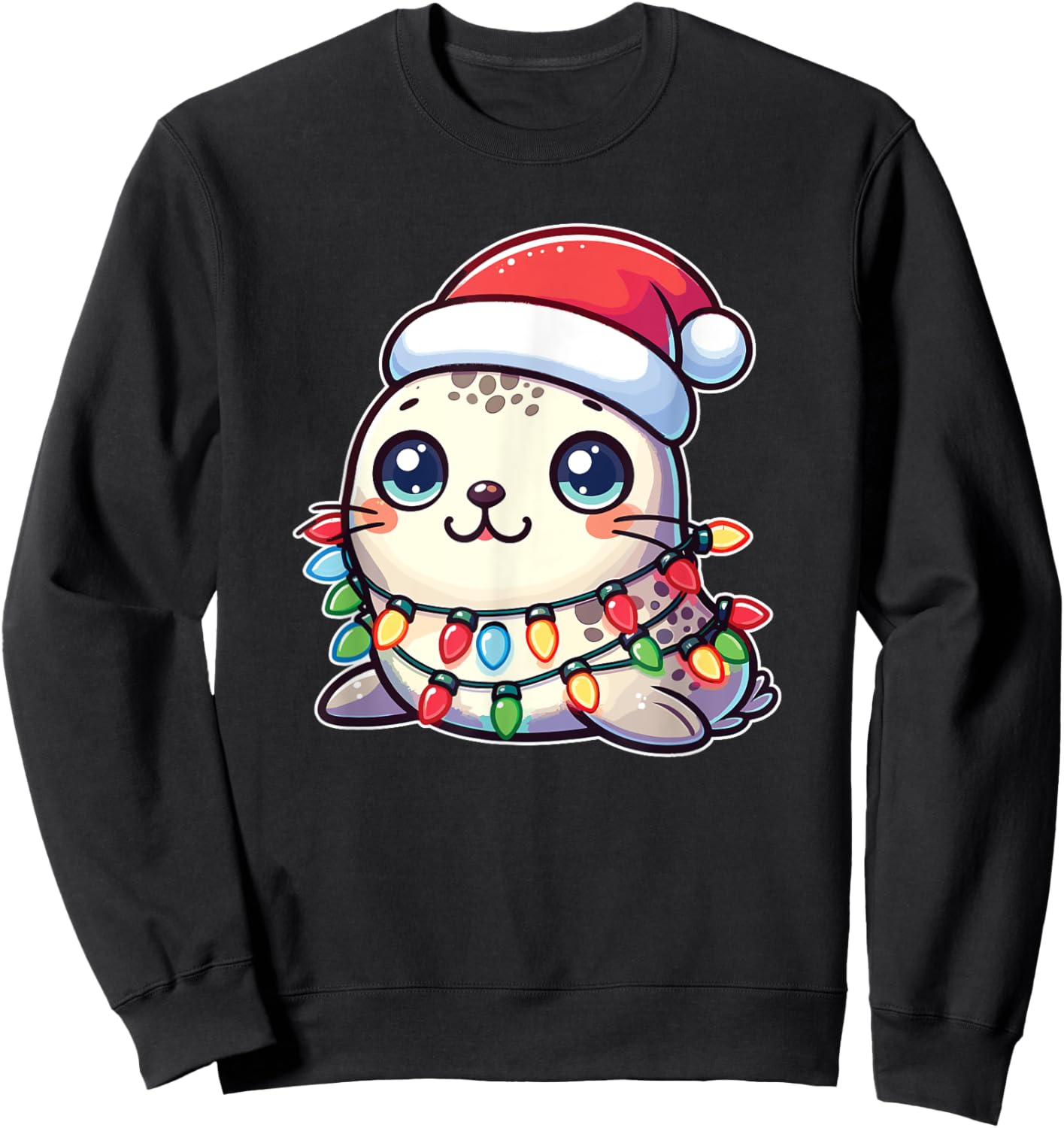 Santa Hat Christmas Fairy Lights Seal Sweatshirt - Sweatshirt | Black