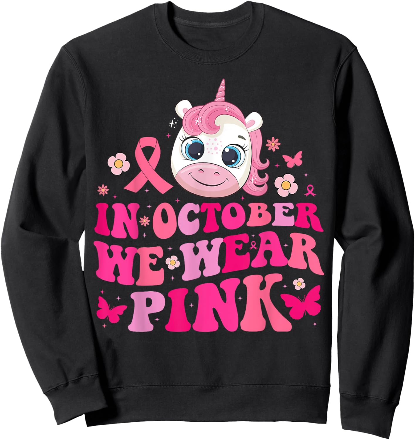 In October We Wear Pink Unicorn Breast Cancer Awareness Kids Sweatshirt - Sweatshirt | Black