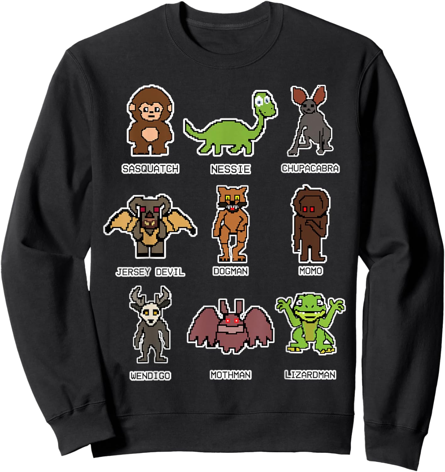 Bigfoot Ness Mothman Wendigo Monsters Retro 8-Bit Cryptid Sweatshirt - Sweatshirt | Black