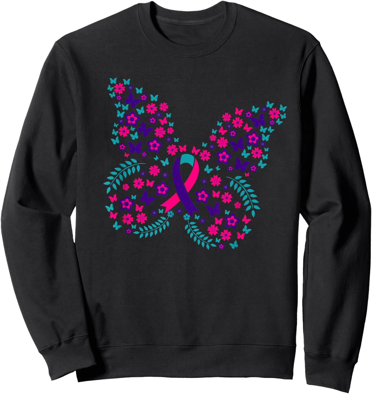 Flower Butterfly Thyroid Cancer Awareness Ribbon Gifts Sweatshirt - Sweatshirt | Black