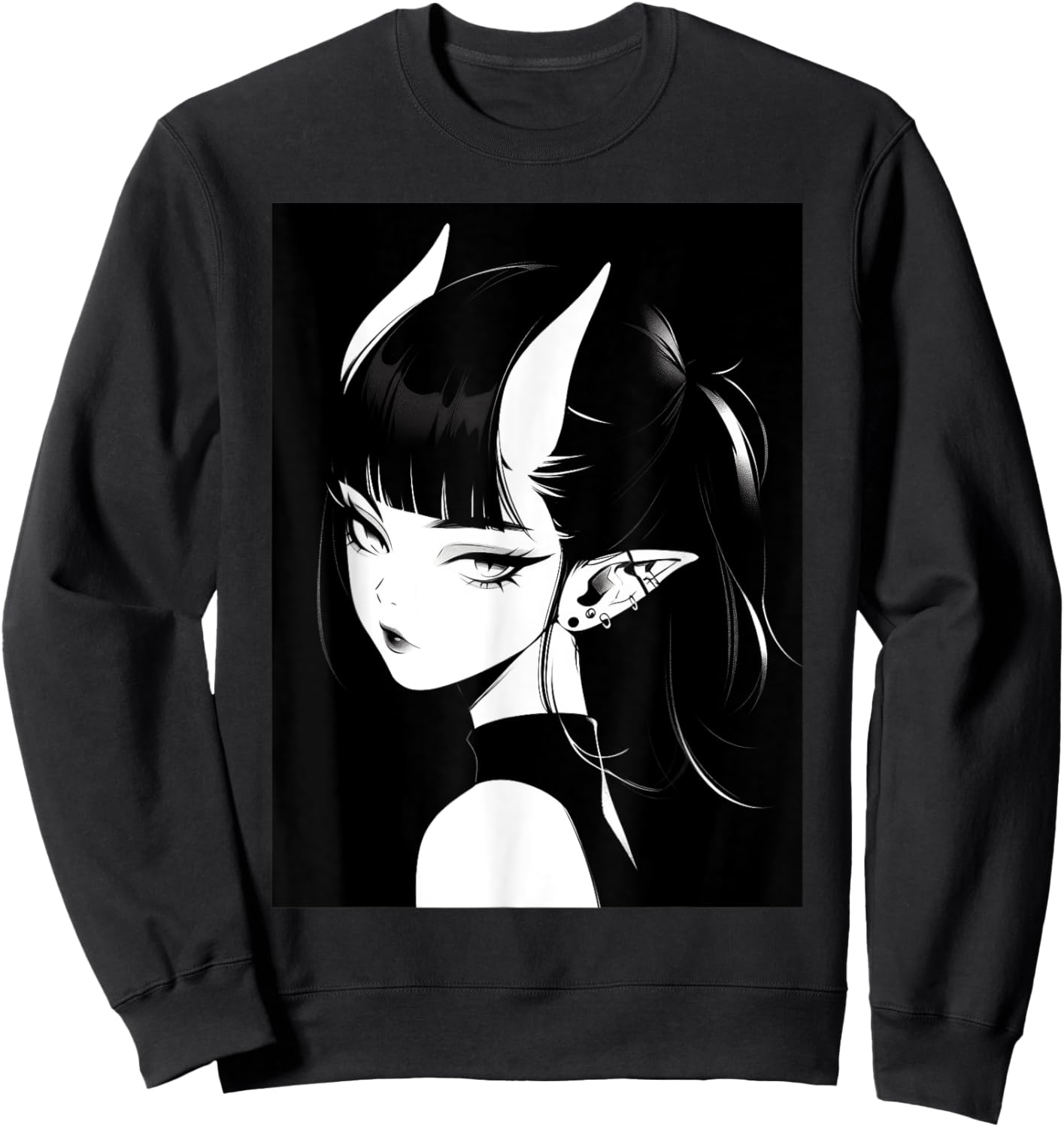 Anime Girl Horns Soft Grunge Waifu Gothic Girl Sweatshirt - Sweatshirt | Black