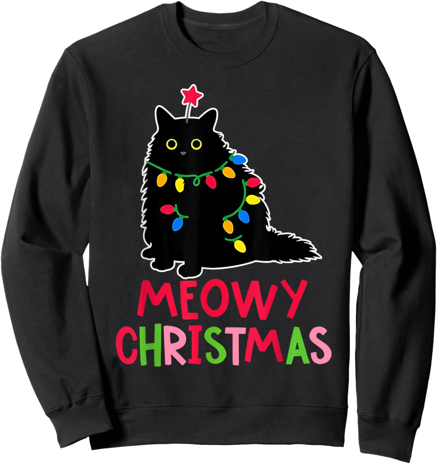 Meowy Christmas Xmas Lights Black Cat Pajamas Family Funny Sweatshirt - Sweatshirt | Black