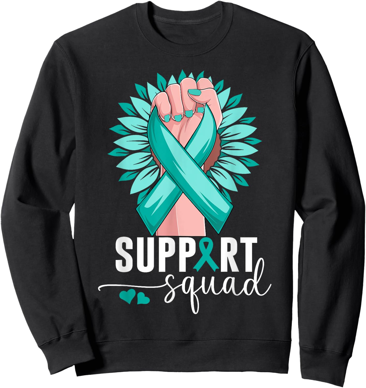 Support Squad Cervical Cancer Awareness Teal & White Ribbon Sweatshirt - Sweatshirt | Black