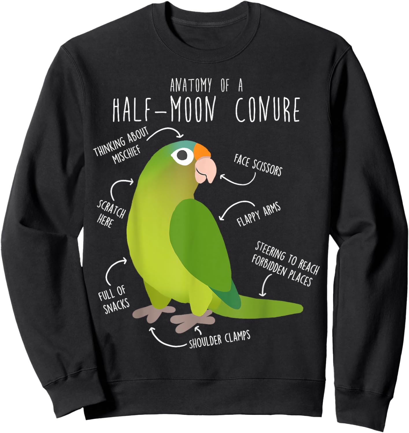 Half-Moon Conure Parrot Anatomy, Funny Cute Pet Bird Mom Sweatshirt - Sweatshirt | Black