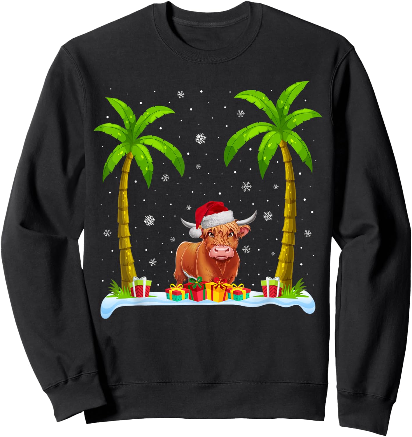 Highland Cow Santa Hat Palm Tree Beach Xmas Pajama Sweatshirt - Sweatshirt | Black
