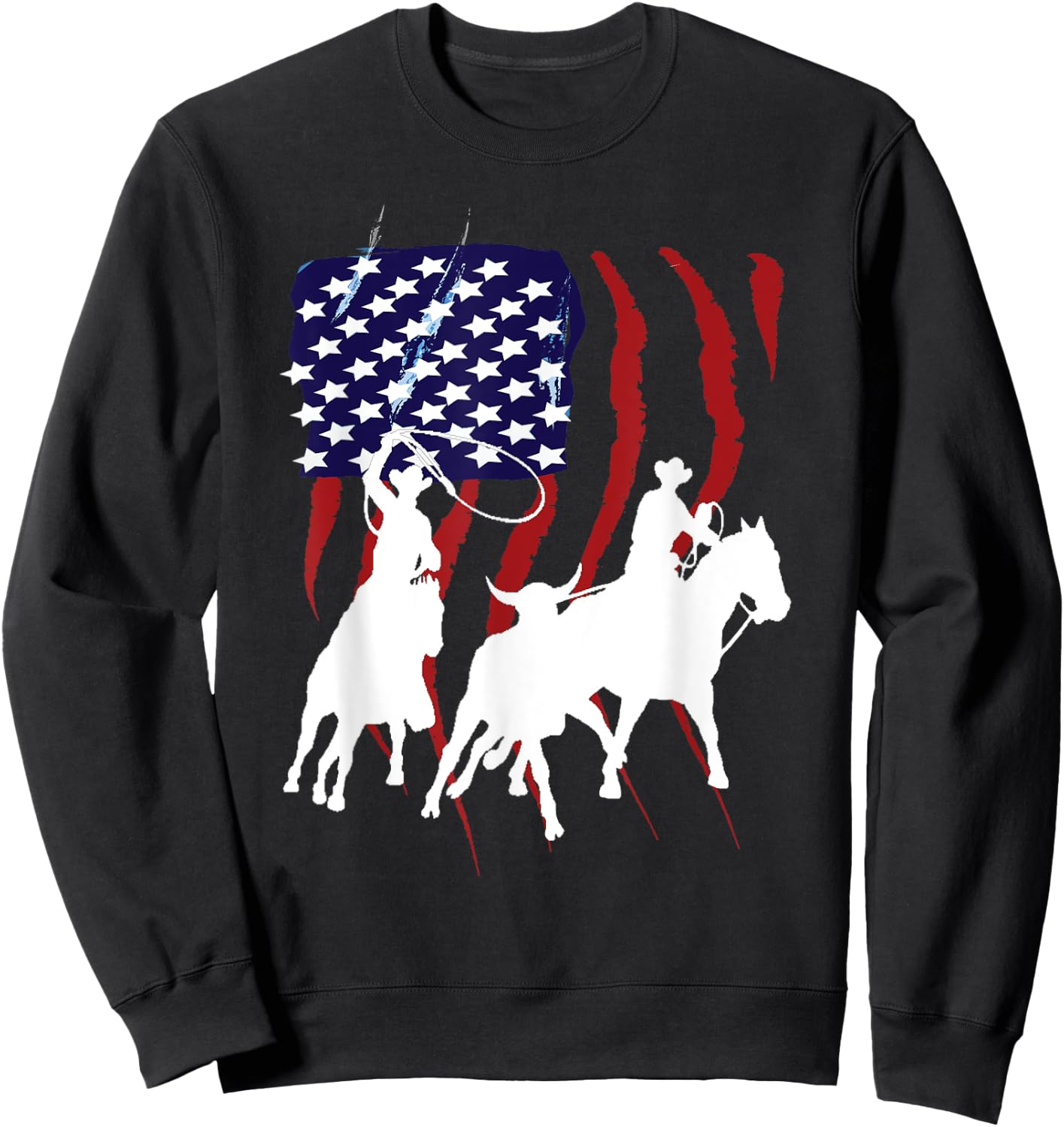 Rodeo Team Roping Distressed Grunge Cowboy American Flag Sweatshirt - Sweatshirt | Black