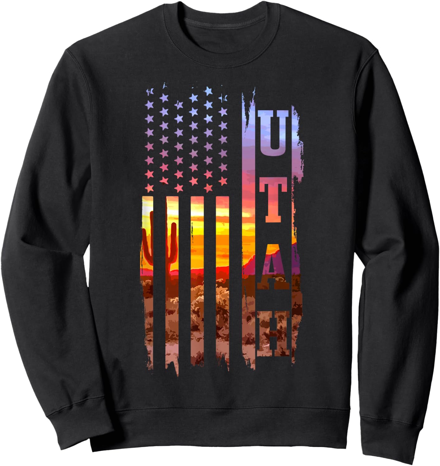 Utah American Flag Pride Landscape Cactus Sweatshirt - Sweatshirt | Black