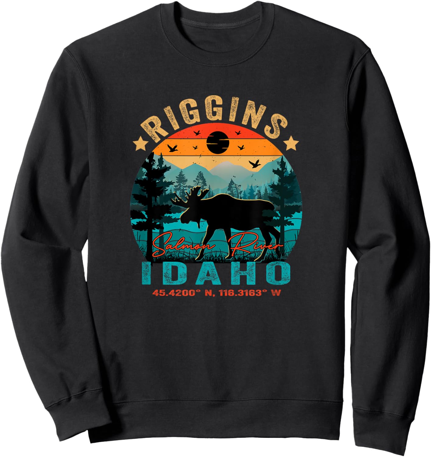 Riggins Idaho ID Retro Sunset Vintage Moose Mountains Sweatshirt - Sweatshirt | Black
