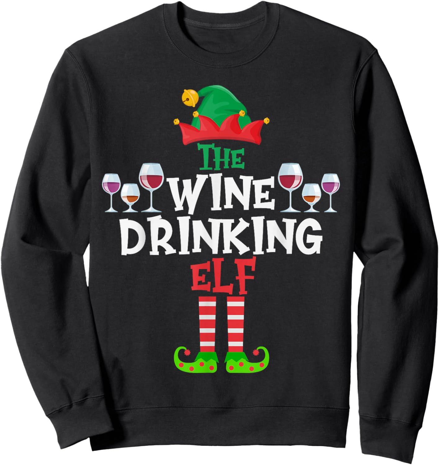 The Wine Drinking Elf, Funny Matching Family Group Christmas Sweatshirt - Sweatshirt | Black