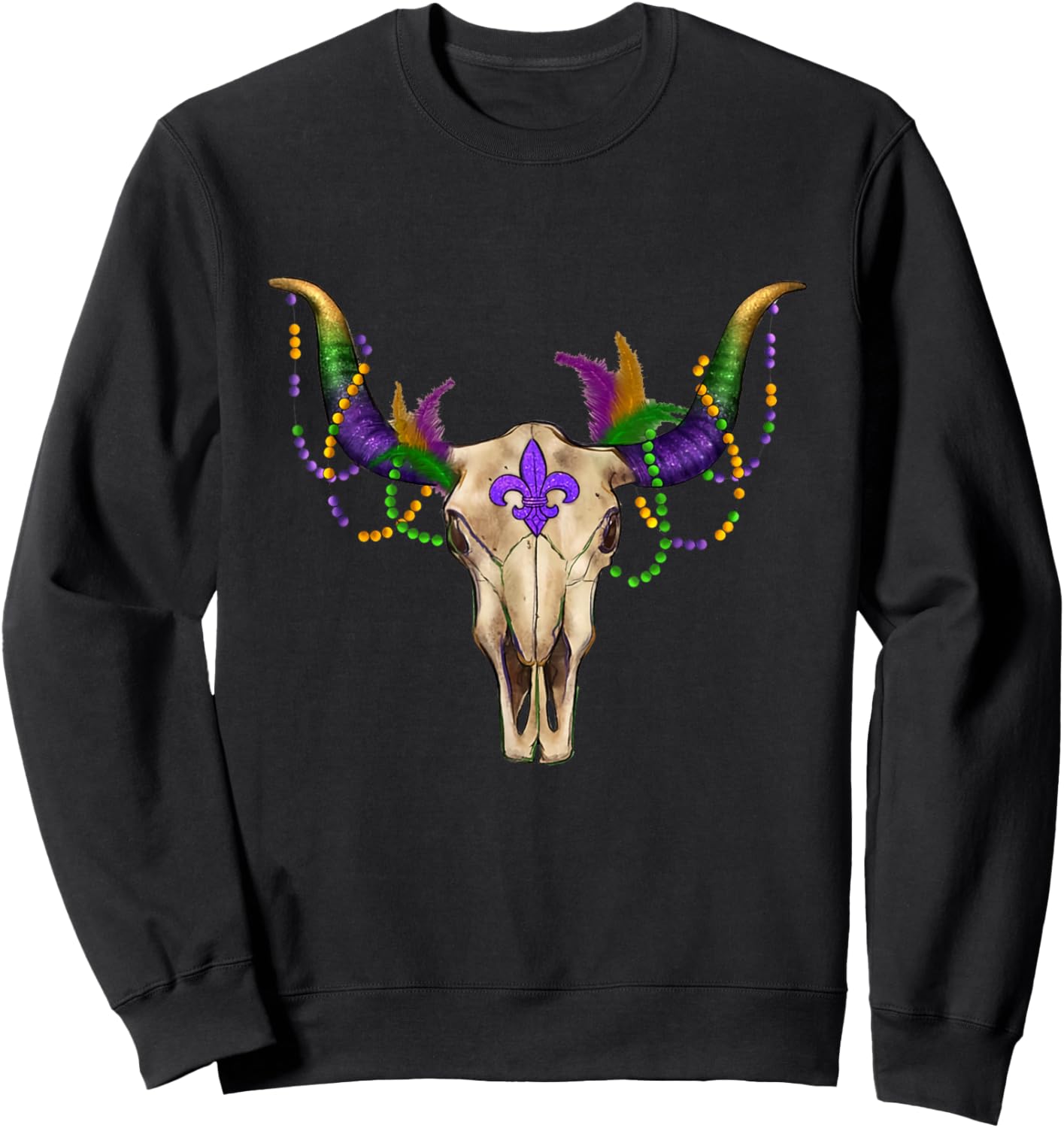 Mardi Gras Cow Bull Skull Mardi Gras Farm Animal Cow Lover Sweatshirt - Sweatshirt | Black