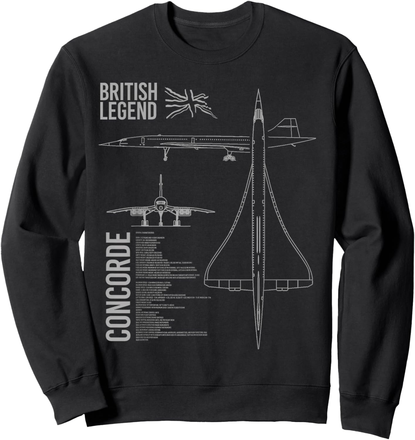 Concorde Airliner Aircraft - -Adults, Black, Small, Short Sleeve, Classic Fit, Cotton, Polyester Sweatshirt - Sweatshirt | Black