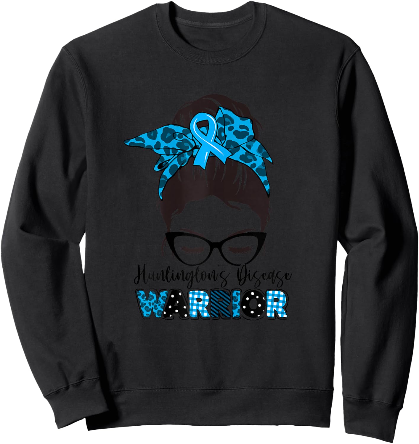 Tu Messy Bun Blue Ribbon Huntington's Disease Awareness Sweatshirt - Sweatshirt | Black