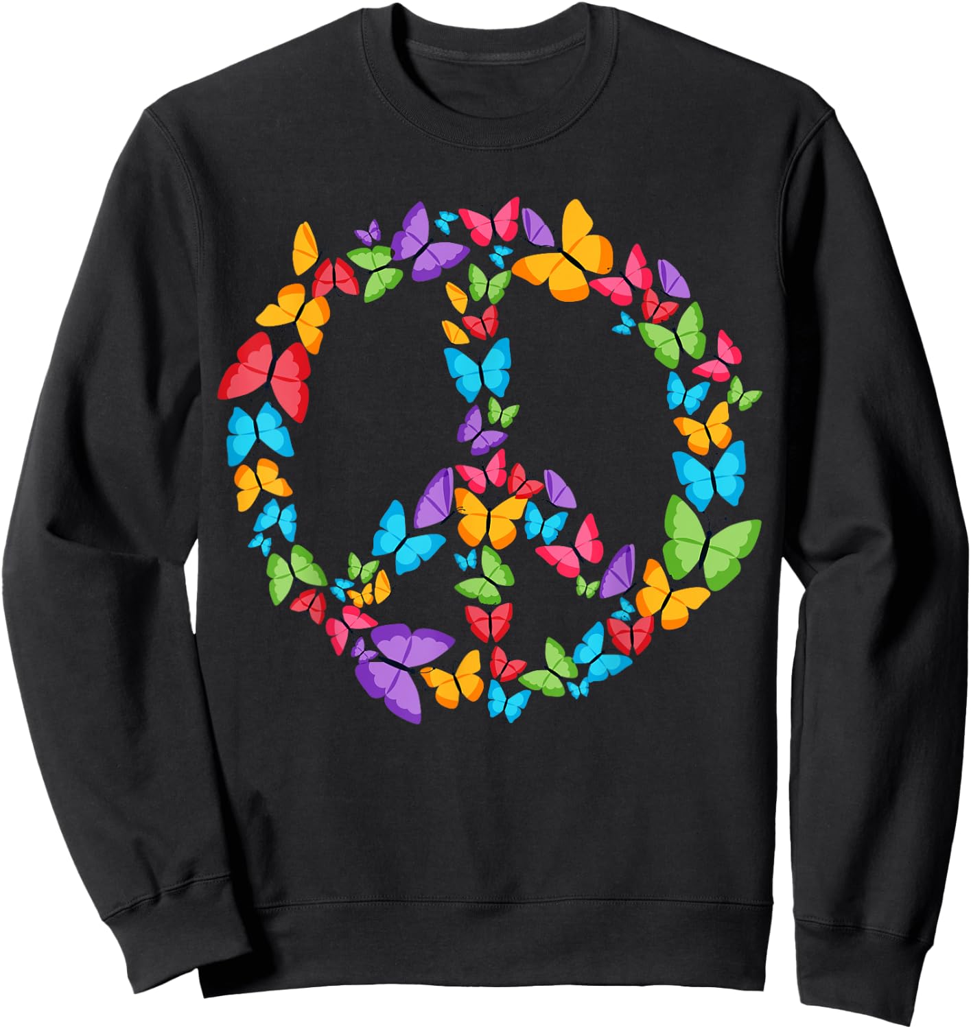 Retro Peace Love | Love 60's 70's Hippie Butterflies Sweatshirt - Sweatshirt | Black