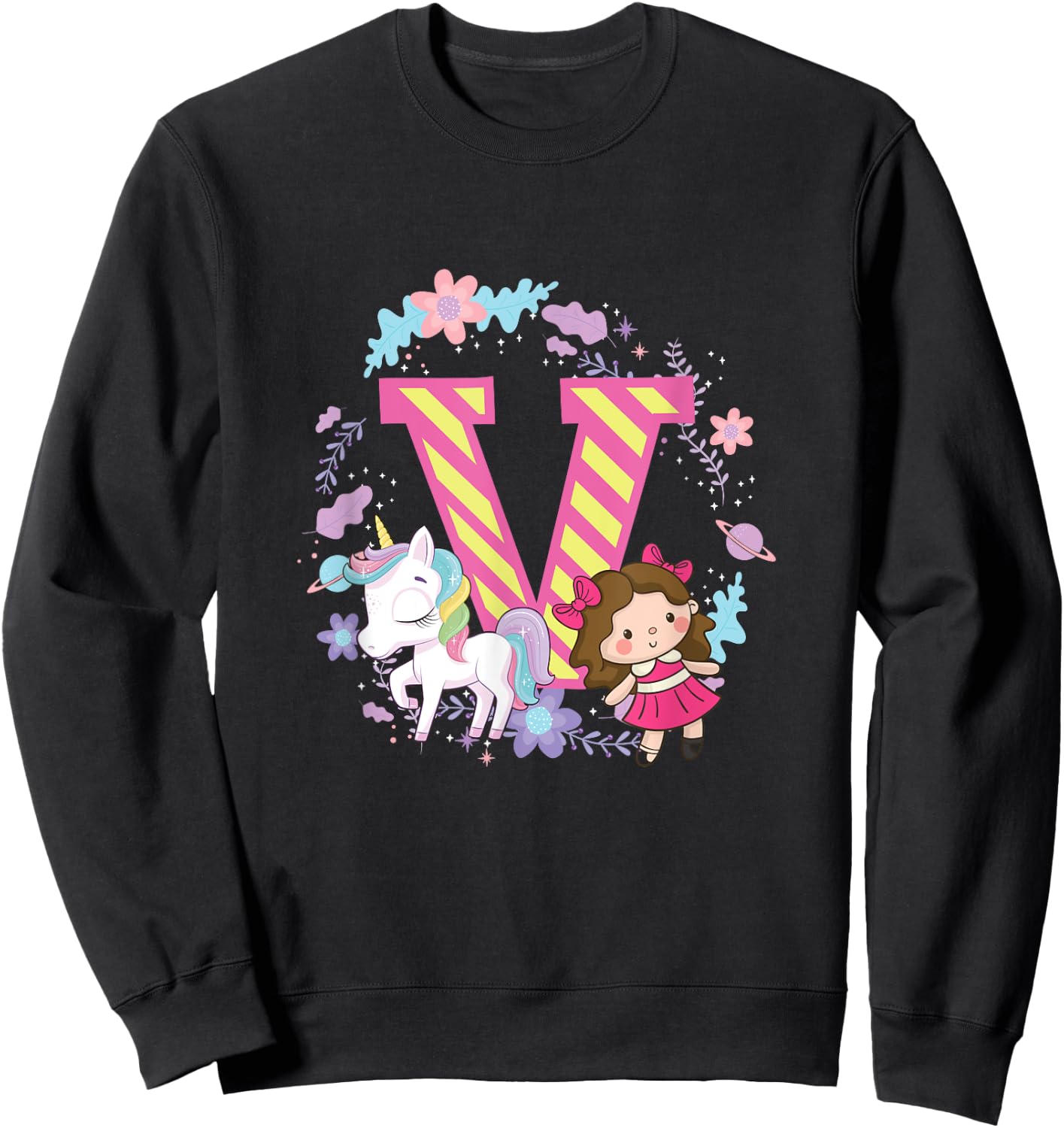Letter V Sign Alphabet Last Name Consonants Unicorn Gift Sweatshirt - Sweatshirt | Black