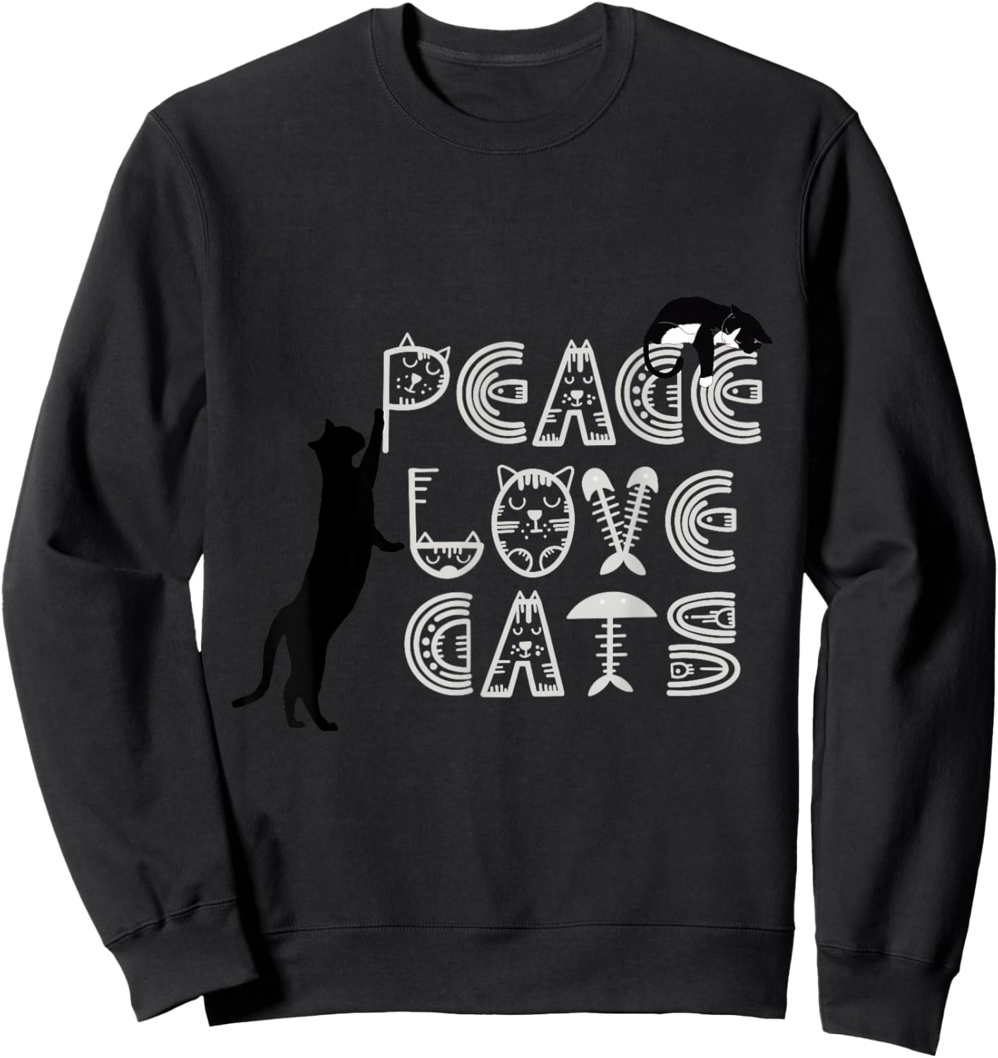 Peace Love Cats Typography with Cute Black Cats Sweatshirt - Sweatshirt | Black