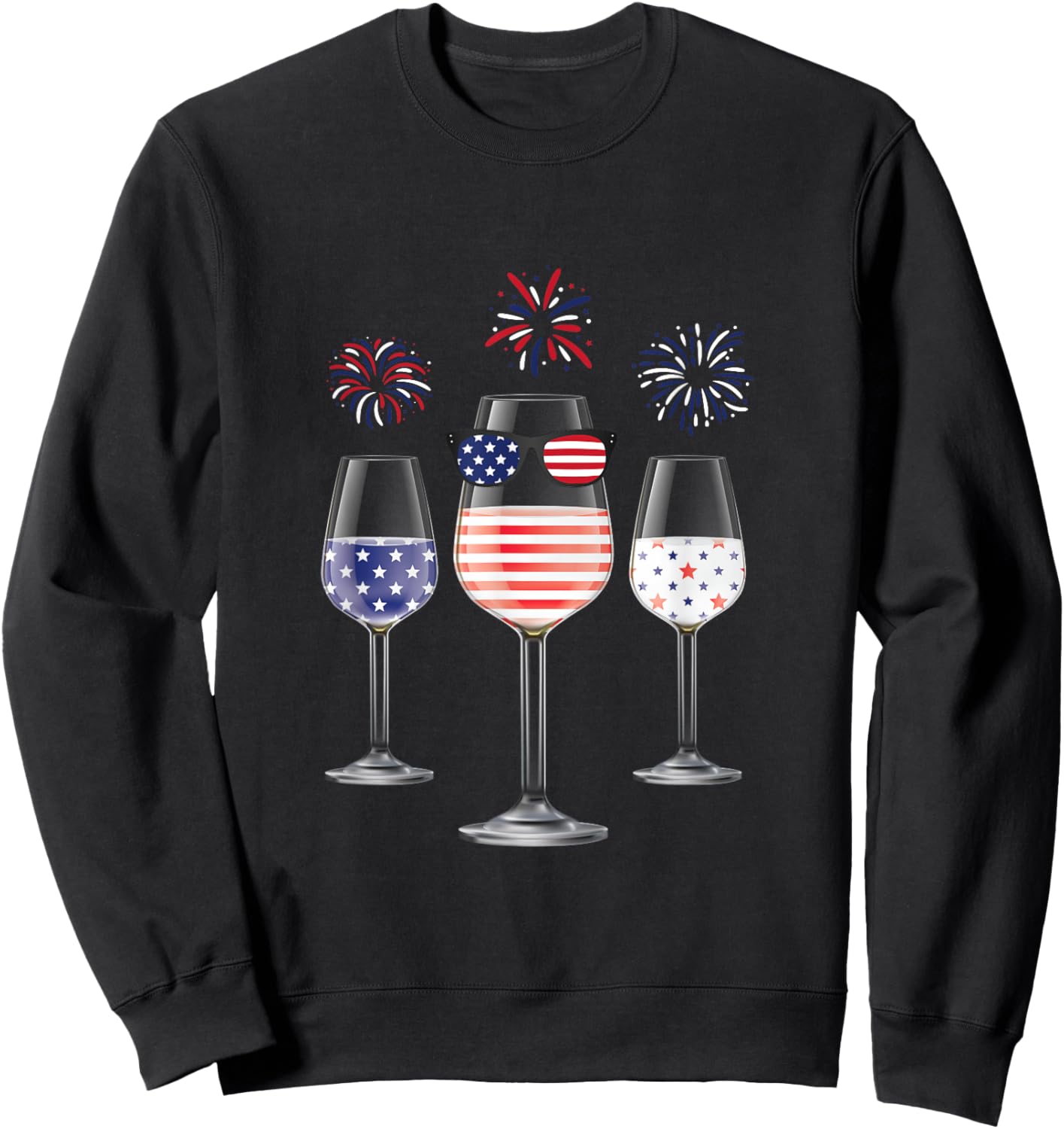 Red White Blue Wine Glasses American Flag Happy 4th of July Men Sweatshirt - Sweatshirt | Black