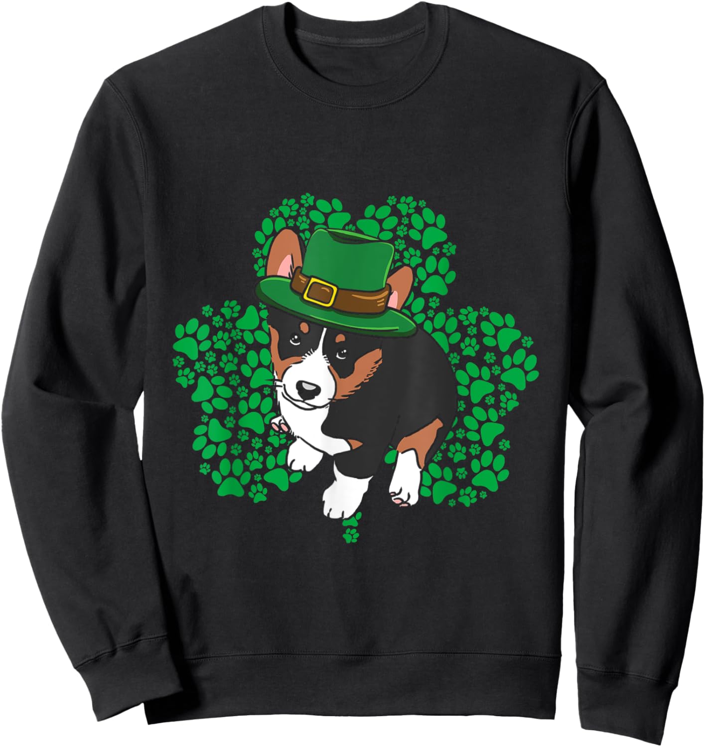 Lucky Tricolor Corgi Dog Leprechaun Hat St Patricks Day Sweatshirt - Sweatshirt | Black