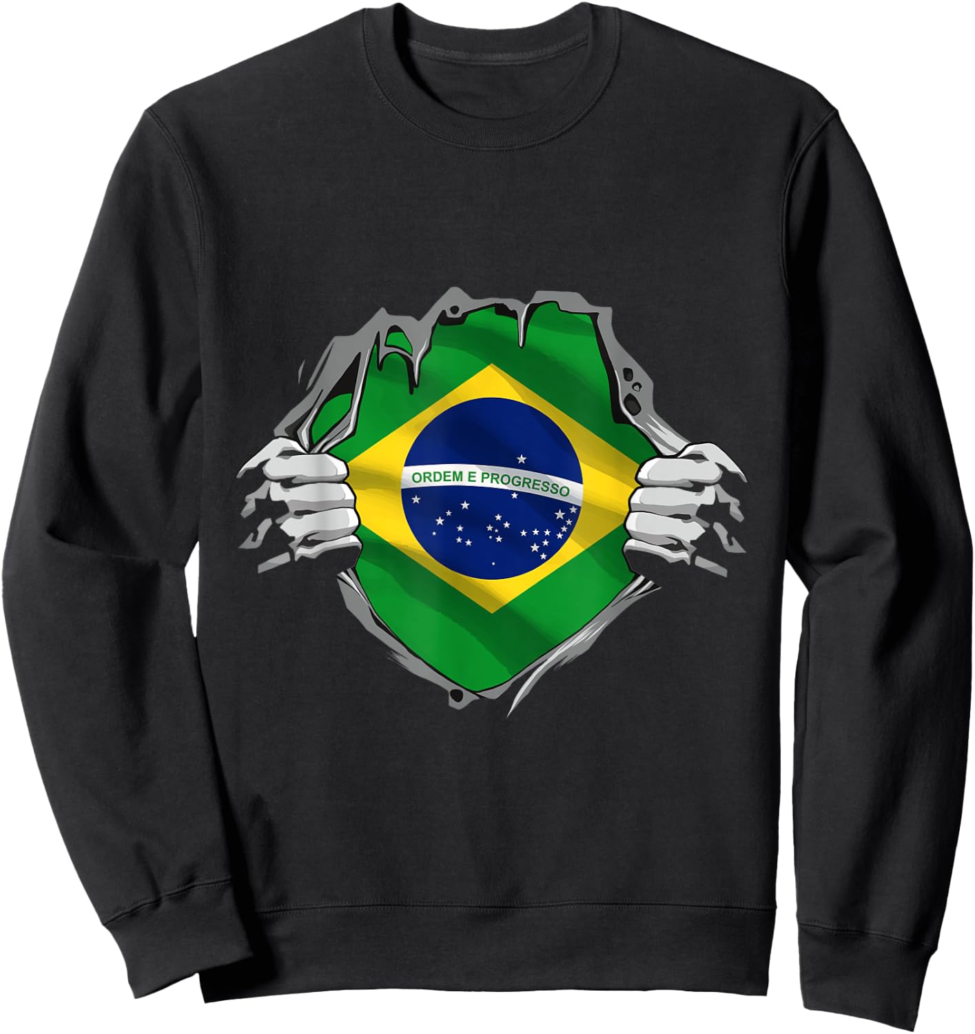 Superhero Brazil Flag Brazilian Hands Opening Shirt Chest Sweatshirt - Sweatshirt | Black