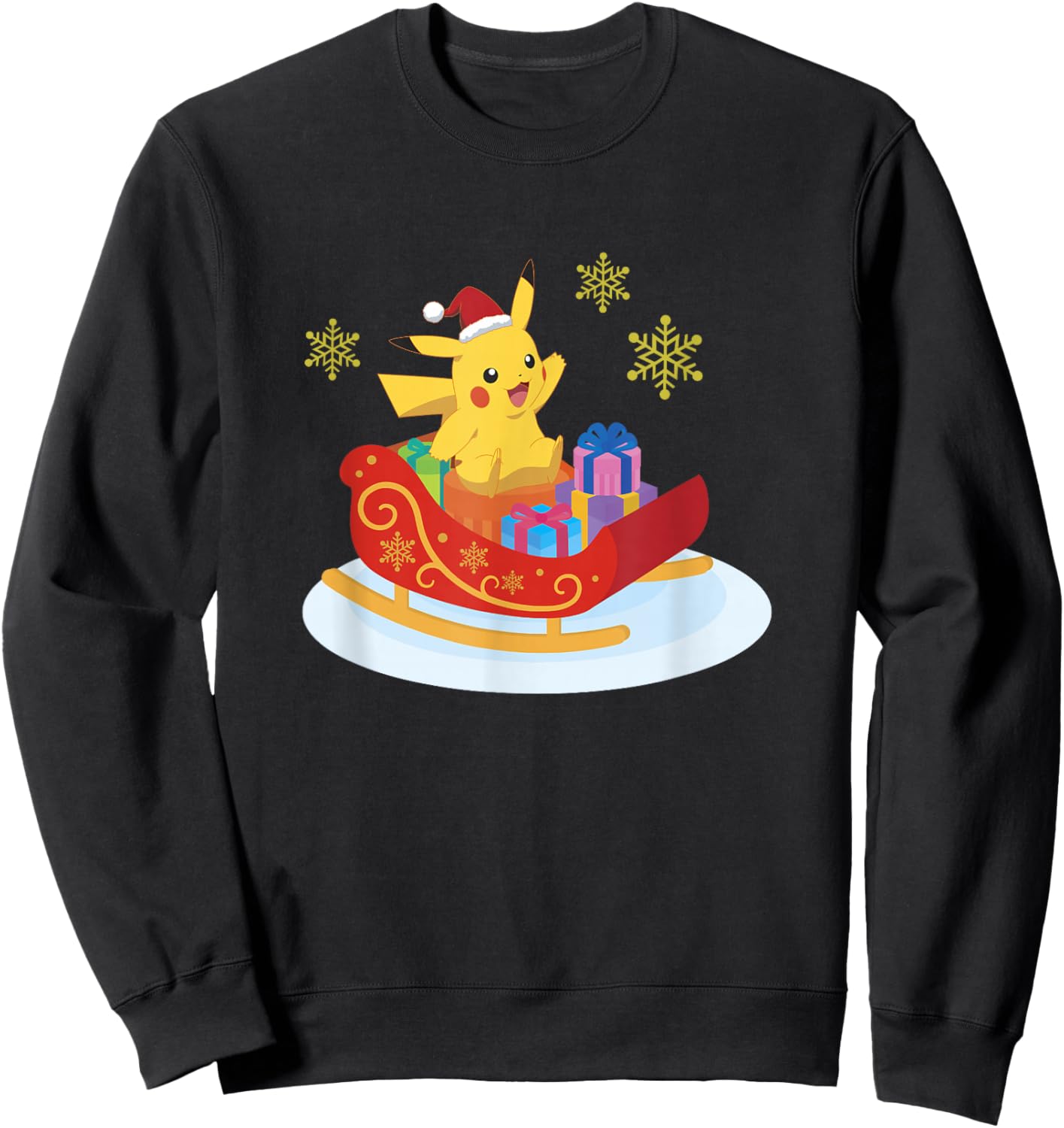 Pokémon Christmas Pikachu Sleigh Ride Snowflake Portrait Sweatshirt - Sweatshirt | Black