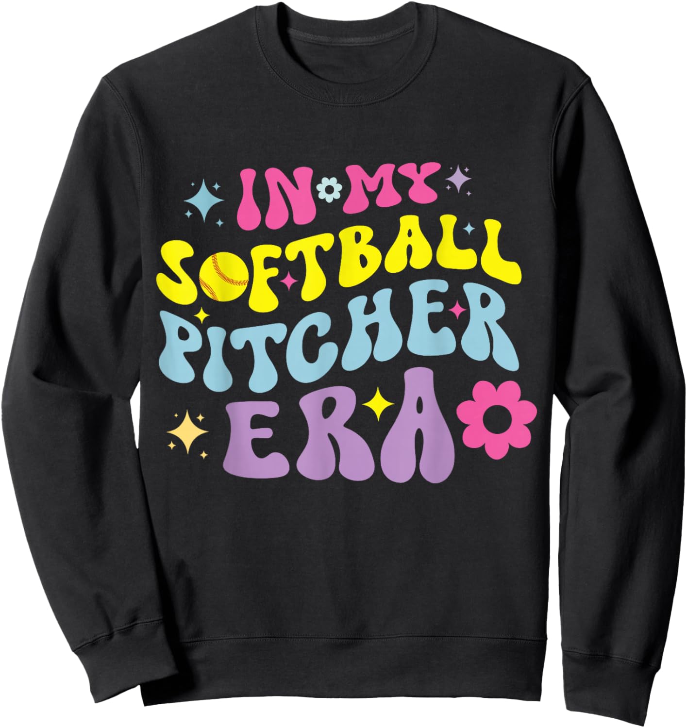 In My Softball Pitcher Era Groovy Fastpitch Girls Game Sweatshirt - Sweatshirt | Black