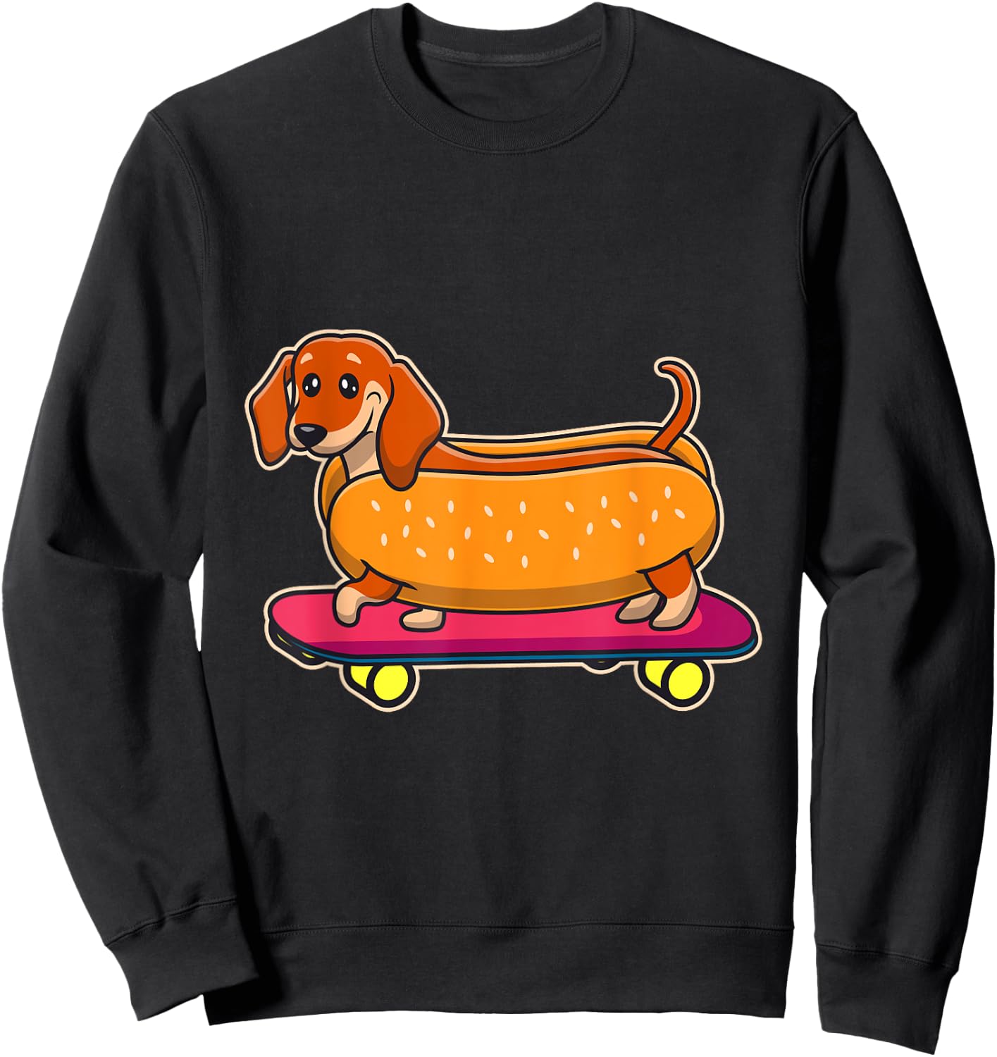 Funny Dachshund Hotdog Riding A Skateboard Dachshund Sweatshirt - Sweatshirt | Black
