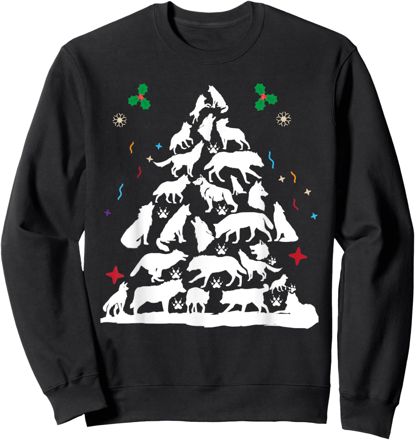 Wolf Christmas Tree Funny Christmas Pajama Animals Lover Sweatshirt - Sweatshirt | Black