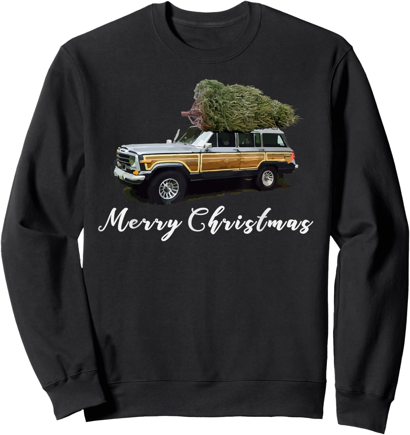 Vintage Surf Wagon SUV Merry Christmas Tree on a Truck Sweatshirt - Sweatshirt | Black