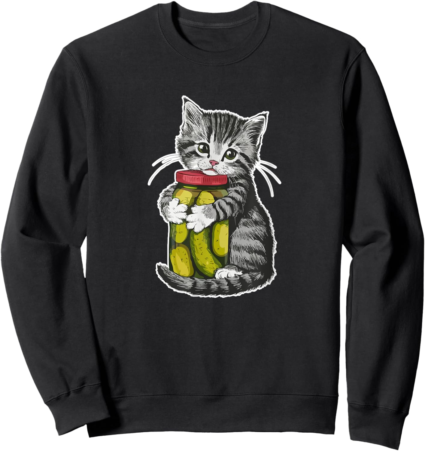 Cute kitten Cat hugging a jar of dill pickles Cat Lovers Sweatshirt - Sweatshirt | Black