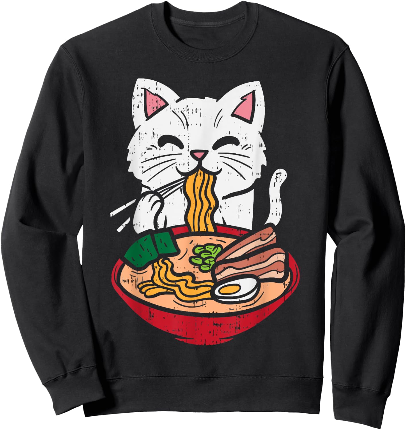 Cat Eating Ramen Kawaii Japanese Noodles Anime Foodie Gift Sweatshirt - Sweatshirt | Black