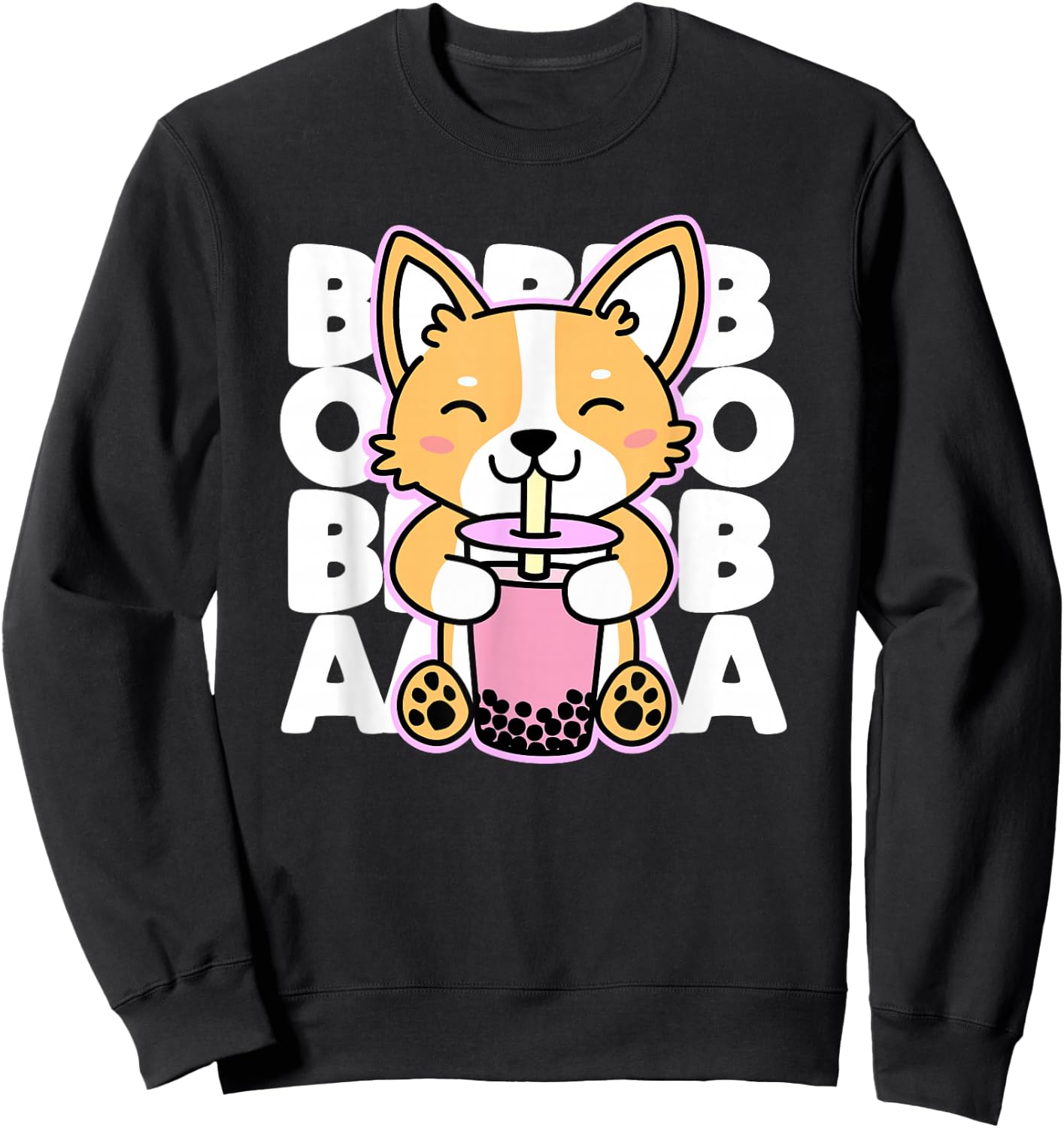 Kawaii Boba Cute Anime Dog Corgi Bubble Tea Drink Dark Sweatshirt - Sweatshirt | Black