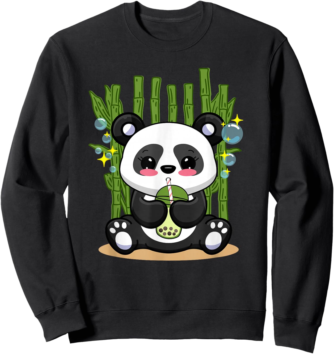 Kawaii Panda Bubble Tea Japanese Anime Boys Girls Kids Sweatshirt - Sweatshirt | Black
