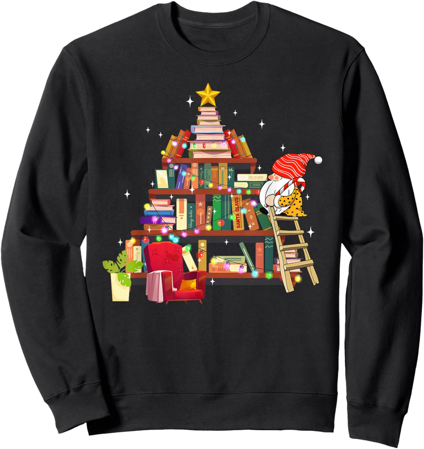 Librarian And Book Lover Christmas Library Tree Lights Gnome Sweatshirt - Sweatshirt | Black
