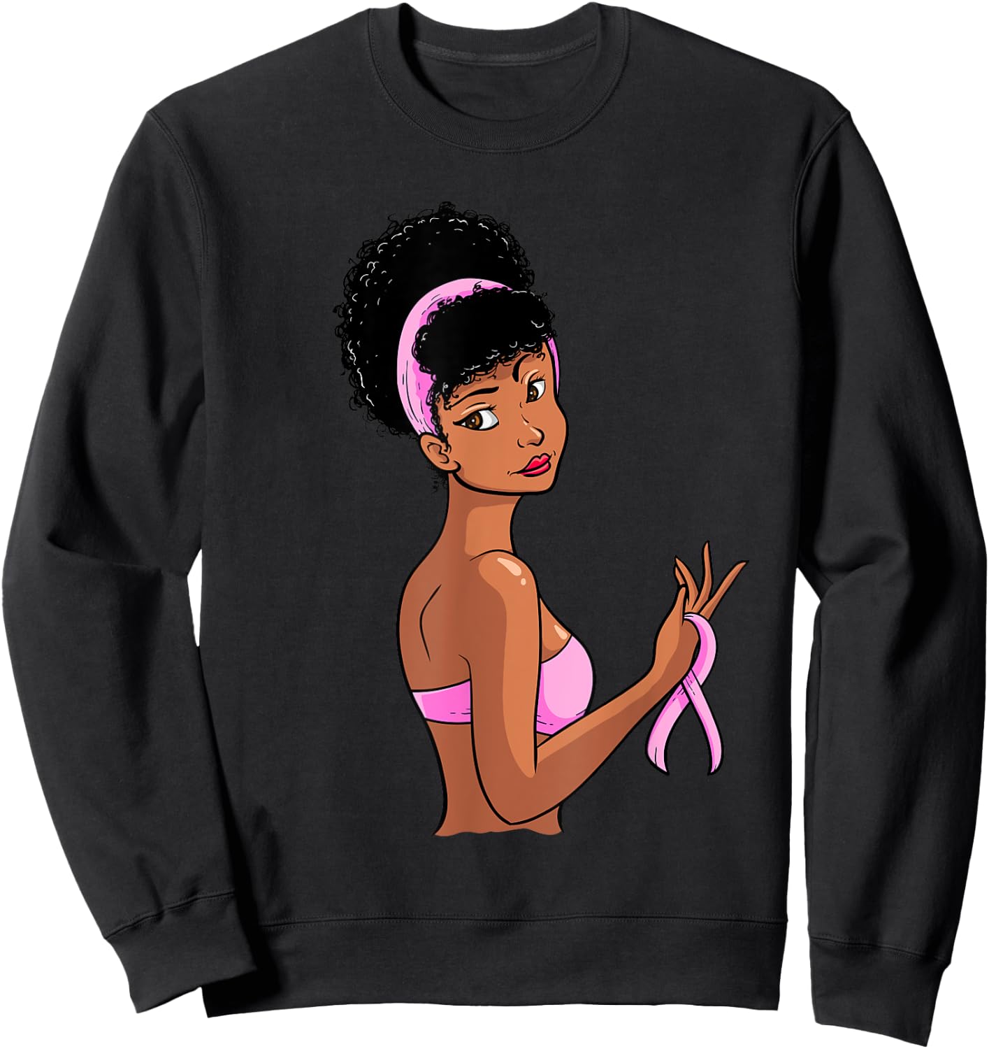 Breast Cancer Awareness Black Afro Women Pink Ribbon Gift Sweatshirt - Sweatshirt | Black
