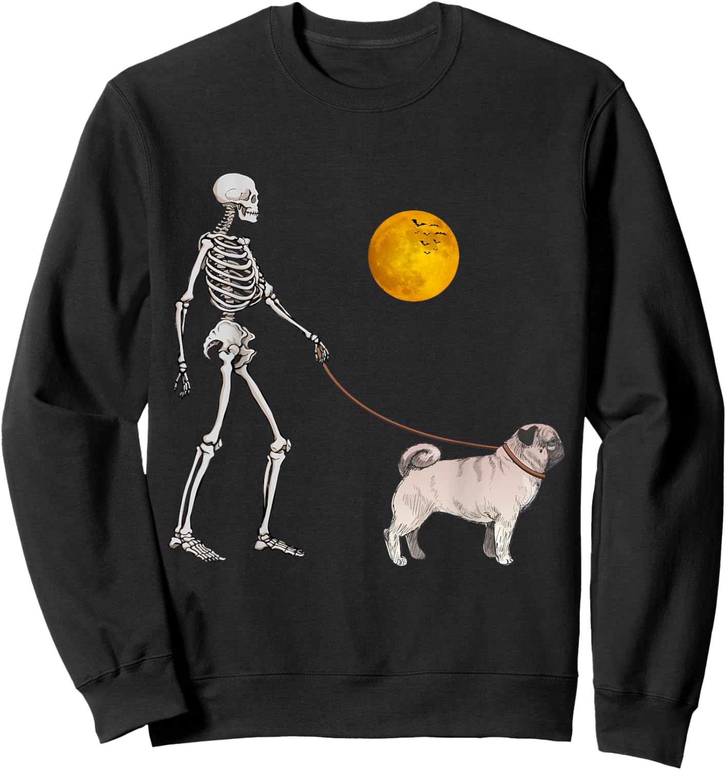 Pug Skeleton Dog Walking Halloween Costume Women Girls Kids Sweatshirt - Sweatshirt | Black